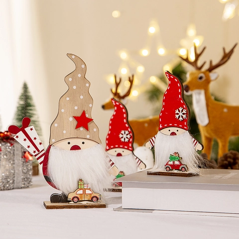 Wood Christmas Gnome Ornament Artificial Fiber Beard Snowflake Pattern Car Decor DIY Nordic Holiday Desktop Decoration