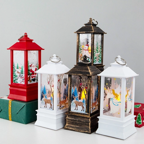 Christmas LED Lantern Retro Decorative Wind Lamp With Hanging Ring Santa Claus Snowman Pattern Night Light Holiday Ornament