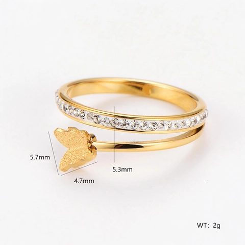 Butterfly Open Ring 304 Stainless Steel Frosted Double Layer Crisscross Adjustable Micro Pave Rhinestone For Women