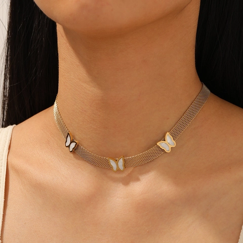 Colar De Mariposa Acero Inoxidable Chapado En Oro Malla Cadena Plana Elegante Colgantes Concha Joyería Para Mujer
