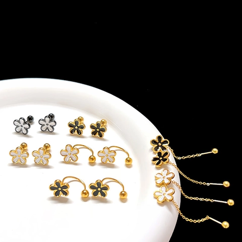 Flower Stud Earrings Stainless Steel Enamel Daisy Floral Minimalist Jewelry For Women Elegant Gold Plated