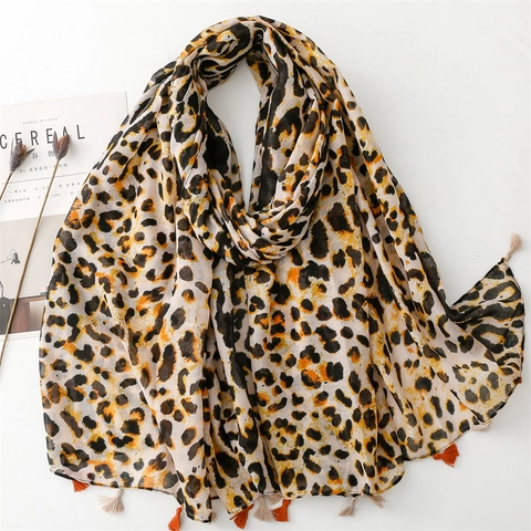 Leopard Muster Schal Polyester Voile Stola Mit Quasten Sonnenschutz Leichter Wickelschal Für Damen