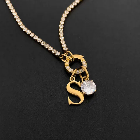 Roestvrij Stalen Alfabet Hanger Halsketting Voor Vrouwen Glinsterende Strass Tennis Ketting 14K Verguld Initiële Letter Sieraden Cadeau