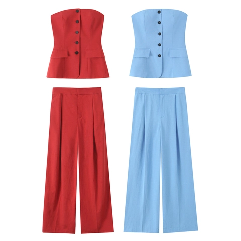 Women Strapless Tube Top And Wide Leg Pants Solid Color Polyester Button Detail Street Style Casual Outfit