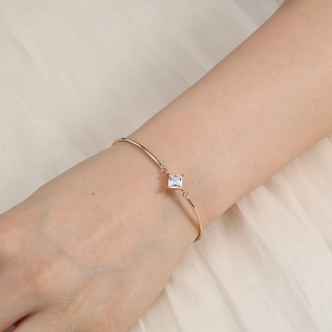 Elegant Copper Zircon Bangle Bracelet Geometric Square Heart Oval Sparkling Crystal Adjustable Jewelry For Women