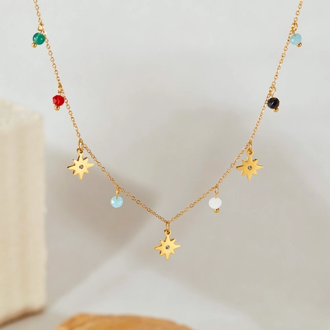 Ketting Met Ster Hanger Roestvrij Staal Gekleurde Kralen Zirkonia Boheemse Sieraden Voor Dames Goud