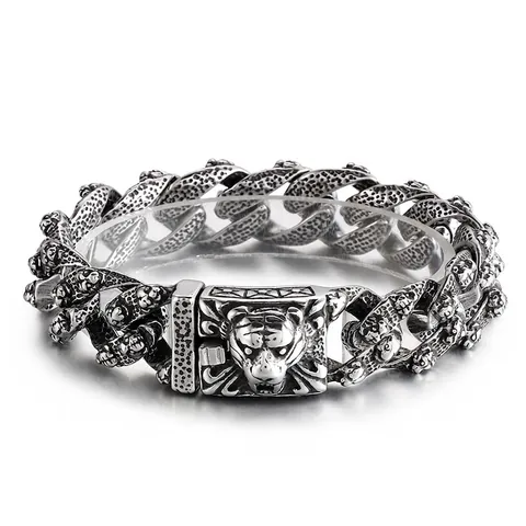Bracciale Uomo Retro Acciaio Inossidabile Testa Animale Vintage Punk Lupo Tigre Serpente Leone Catena Pesante Gioielli