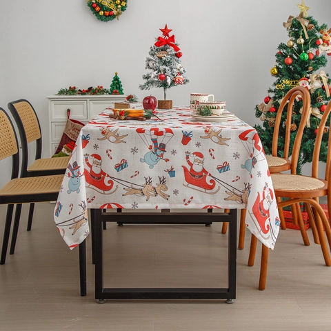Rechteckige Weihnachts Tischdecke Polyester Baumwolle Leinen Mischung Bedruckter Weihnachtsmann Rentier Schneemann Dekoration