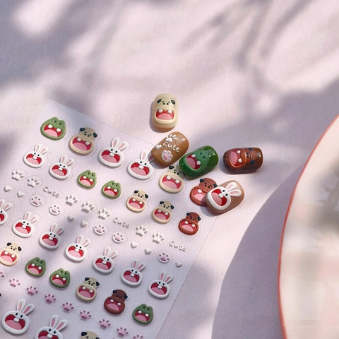 5D Relief Cute Cartoon Rabbit Frog Dog Nail Stickers 3D Embossed Self Adhesive Nail Art Decals For Kids Women Daily Decoration