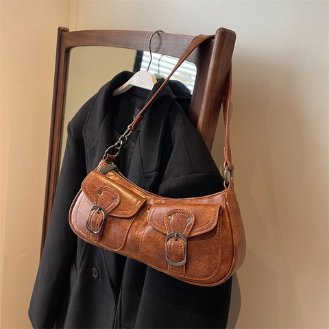 Vintage Motorcycle Underarm Bag For Women PU Leather Retro Hobo Shoulder Purse With Double Front Pockets And Metal Buckles