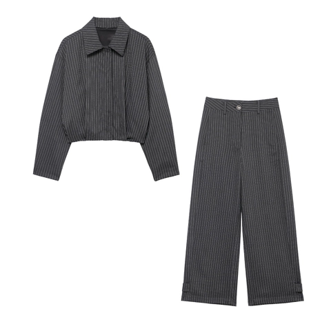 Women Pinstripe Cropped Jacket And Wide Leg Pants Dark Grey Long Sleeve Lapel High Waist Polyester Casual Streetwear Office