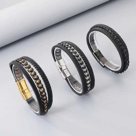 Bracciale In Pelle Intrecciata Acciaio Inossidabile Chiusura Magnetica Multistrato Gioielli Stile Punk Da Uomo