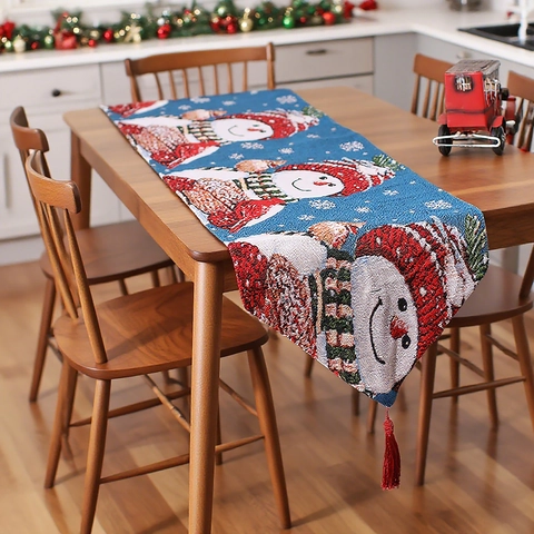 Christmas Table Runner Knitted Jacquard Santa Claus Snowman Pattern With Tassel Holiday Dining Decor