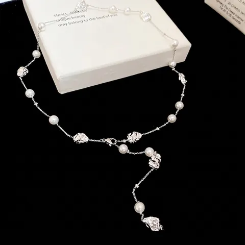 Minimalist Lariat Necklace For Women Irregular Lava Metal Pendant And Faux Artificial Pearl Clavicle Chain Elegant Silver Color Jewelry
