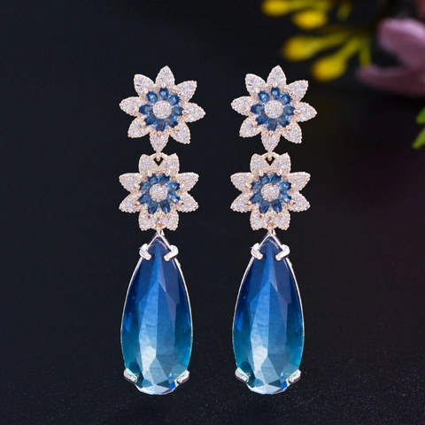 Luxury Copper Zirconia Flower Drop Earrings With 925 Sterling Silver Earring Post Gradient Blue Water Drop Women Jewelry