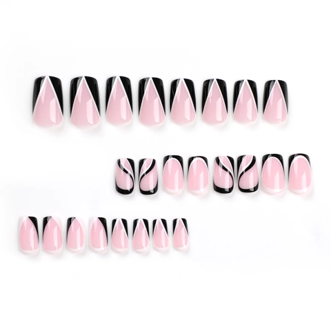 Press On Nägel Lang Coffin French Tip Abstrakte Linien Nude Rosa Schwarz Weiß Muster Künstliche Nägel Damen