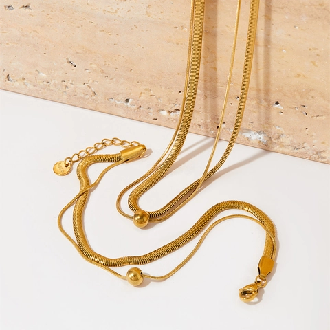 Ensemble de Bijoux Minimaliste en Acier Inoxydable Double Couche Chaîne Plate d'Os de Serpent Avec Pendentif Perle Ronde Femme