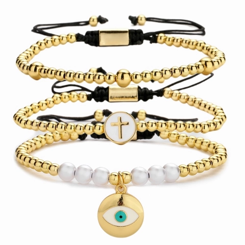 Bracciale Intrecciato Croce Malocchio Regolabile Rame Micro Intarsiato Zircone Gioielli Con Perline Per Uomini Donne Moda