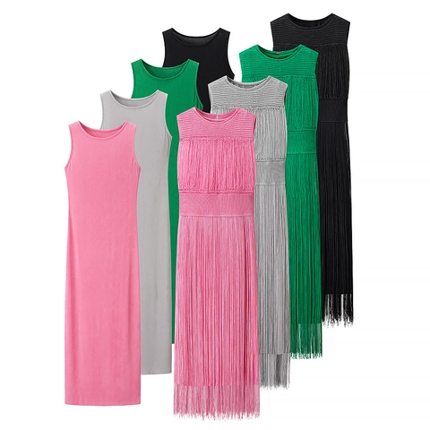 Damen Elegantes Ärmelloses Strick Maxi Kleid Und Fransen Tassel Overlay Rundhalsausschnitt Einfarbig Abendparty Kleidung
