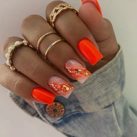 Uñas Postizas A Presión De Mármol Naranja Uñas Artificiales Brillantes Con Pan De Oro Brillo Forma Cuadrada Cobertura Completa Moda