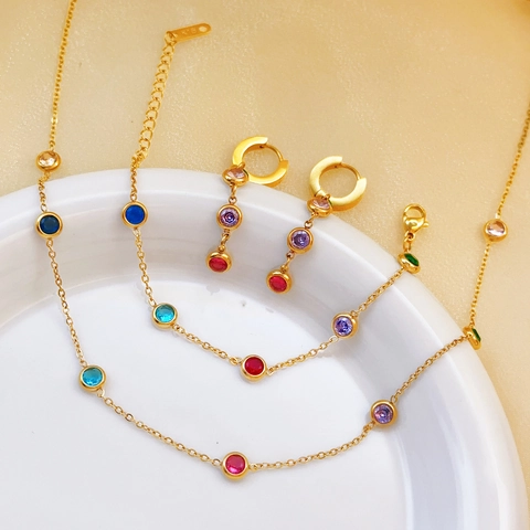 Bracciale Collana E Orecchini In Acciaio Al Titanio Con Zirconi Colorati Catena Sottile Placcata Oro Gioielli Delicati Per Donna
