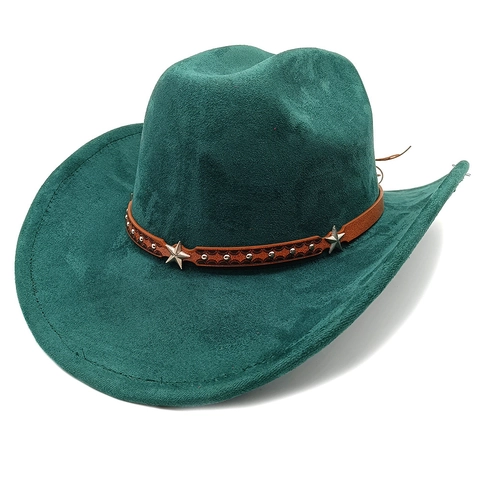 Western Cowboy Hat Retro Suede Fedora With Leather Band Metal Star Rivets Wide Brim Vintage Ethnic Style For Adults