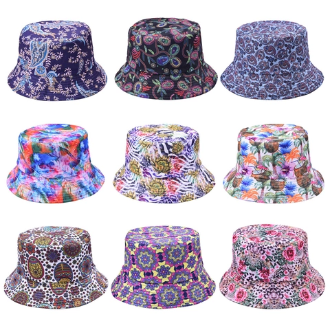 Reversible Bucket Hat Vintage Printed Washed Cotton Sun Protection Wide Brim Outdoor Beach Casual Hat For Men Women