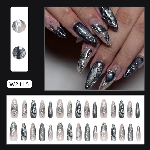 Uñas Postizas Press On 3D Ojo De Gato Mariposa Luna Estrella Metálico Plata Cyberpunk Stiletto Largas Manicura