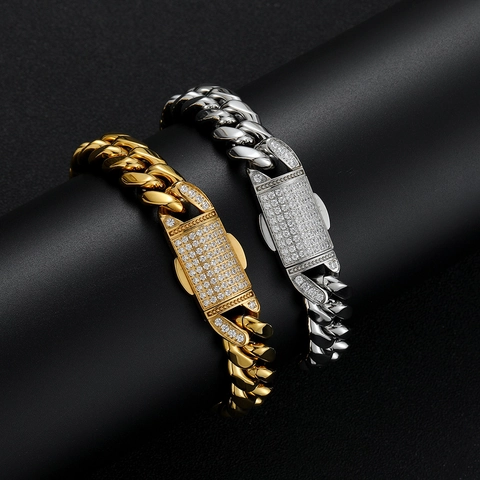 Pulsera De Cadena Cubana Acero Inoxidable Cierre De Circonita Cúbica Joyería Hip Hop Streetwear Hombre Unisex