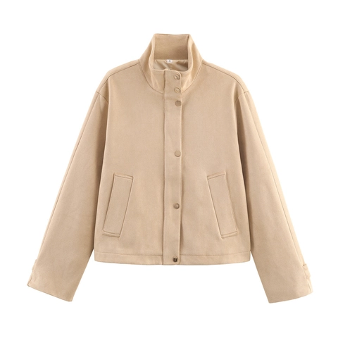 Damen Stehkragen Wildlederjacke Kurz Lässig Langarm Reißverschluss Einfarbig Vintage Mode Jacke