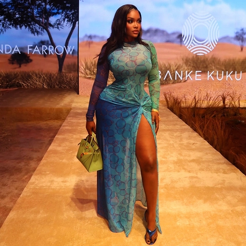 Gradient Blue Bubble Print Mesh Maxi Dress For Women Long Sleeve Round Neck Side Slit Twist Knot Slim Fit Chic