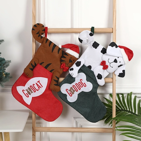 Weihnachtsstrümpfe Leinenstoff Mit 3D Katzen Und Hunde Design Hängedekorationen Feiertag Kamin Haus Deko Geschenktüten