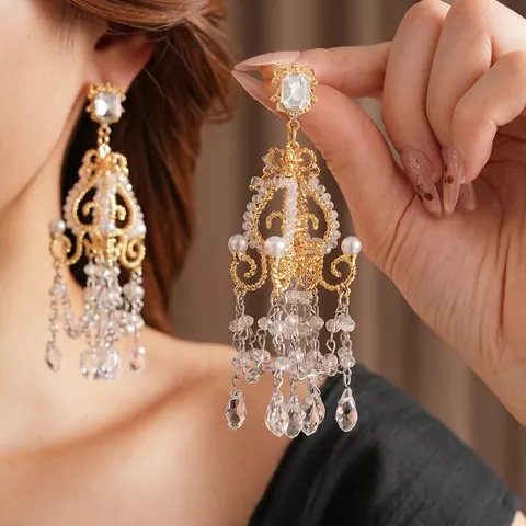 Vintage Barock Kronleuchter Quasten Ohrringe Luxus Glas Künstliche Perle Palast Stil Für Damen Mit Silver Earring Post