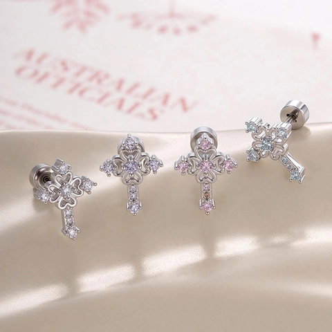 Orecchino A Bottone Per Cartilagine A Croce Acciaio Al Titanio Rame Zirconia Cubica Micro Pavé Chiusura A Vite Disco Piatto Gioielli Per Piercing