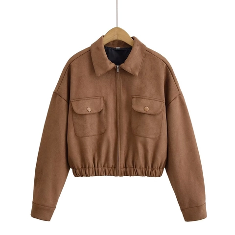 Damen Wildlederjacke Kurze Oberbekleidung Revers Reißverschluss Mantel Mit Brusttaschen Elastischer Saum Langarm Retro