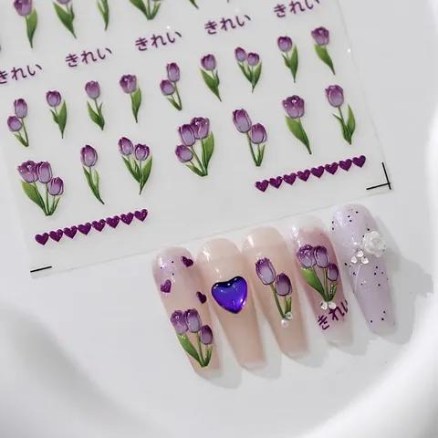 5D Embossed Nail Art Stickers Purple Tulip Flower Heart Design Stereoscopic Self Adhesive Decals Elegant Manicure Decoration