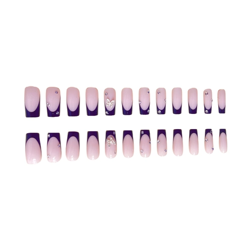 Butterfly Rhinestone Press On Nails Long Coffin Black French Tips Fake Nails With Jelly Glue Decorative Manicure For Women