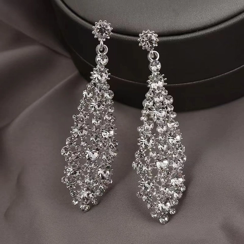 Rhombus Long Drop Earrings With Rhinestones And 925 Sterling Silver Earring Post Glamorous Party Jewelry For Women