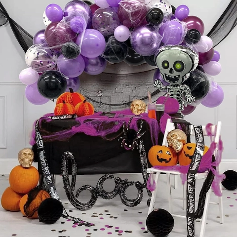 Kit Decorazione Halloween Con Palloncino In Alluminio Scheletro Ragnatele Palloncini In Lattice Viola Nero Per Festa