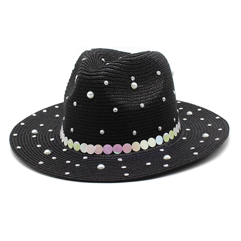 Elegant Women Straw Fedora Hat Artificial Pearl Rhinestone Wide Brim Summer Beach Sun Protection Jazz Cap Sequin Decor