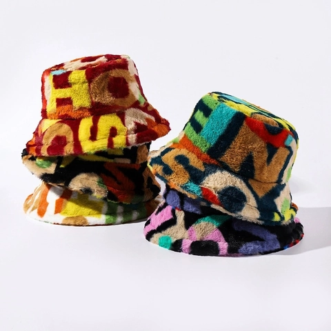 Cappello Pescatore Peluche Colorato Ecopelliccia Caldo Berretto Invernale Stampa Lettere Graffiti Street Style Moda