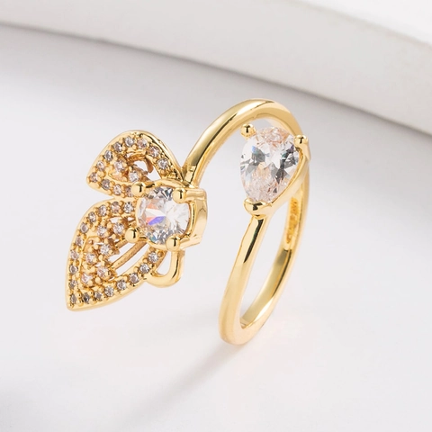 Butterfly Open Ring Copper Gold Plated With Cubic Zirconia Adjustable Fashion Elegant Geometric Jewelry For Women