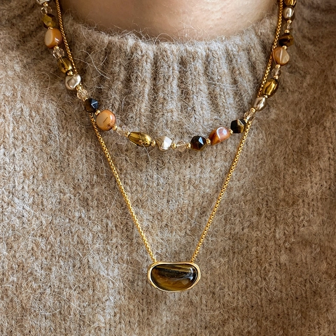 Collana Pendente Pisello Occhio Di Tigre Placcata Oro 18K Geometrico Ovale Pietra Catena Clavicola Gioielli Vintage