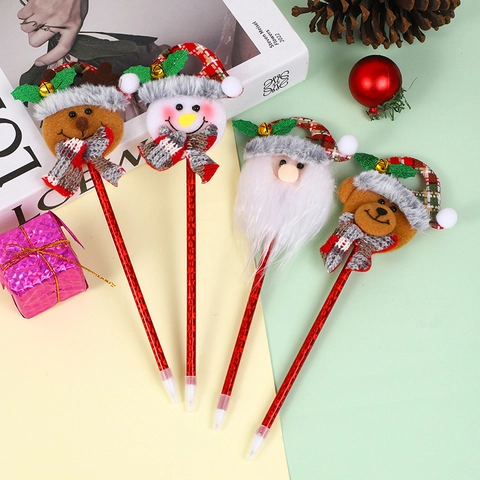Christmas Ballpoint Pens Cartoon Santa Snowman Reindeer Bear Plush Decorative Head Red Glitter Barrel Holiday Office Stationery Gift