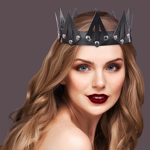 Corona Da Regina In Pelle Nera Gothic Punk Copricapo Con Borchie In Metallo Argentato Per Feste Cosplay Halloween