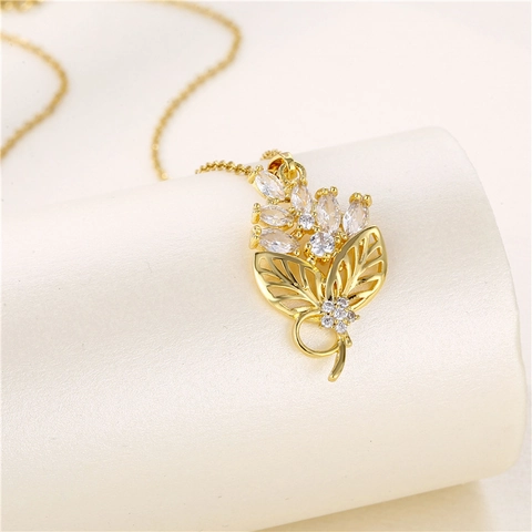 Collar Con Colgante De Flor Y Hoja Acero Inoxidable Chapado En Oro De 18K Circón Cadena De Clavícula Elegante Joyería