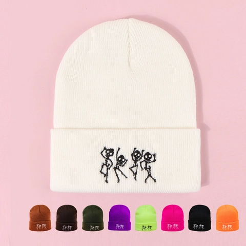 Tanzendes Skelett Stickerei Beanie Acryl Strickmütze Winter Warm Aufschlag Totenkopf Kappe Für Herren Damen Casual Streetwear