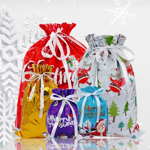 Christmas Gift Bags Plastic Drawstring Ribbon Metallic Holographic Holiday Party Gift Wrapping Candy Packaging Reusable
