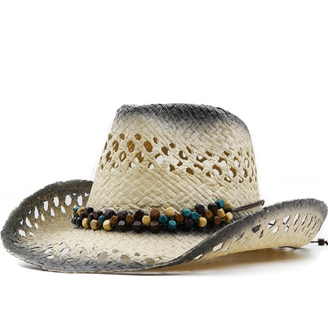 Cappello Da Cowboy In Paglia Con Sfumatura Ombre E Fascia Di Perline Traspirante Da Spiaggia Per Uomo E Donna