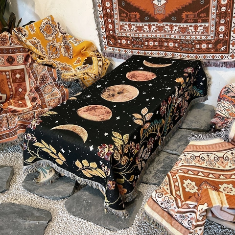 Bohemian Woven Cotton Throw Blanket Moon Phase Floral Pattern Tassels For Sofa Bed Camping Picnic Wall Hanging Vintage
